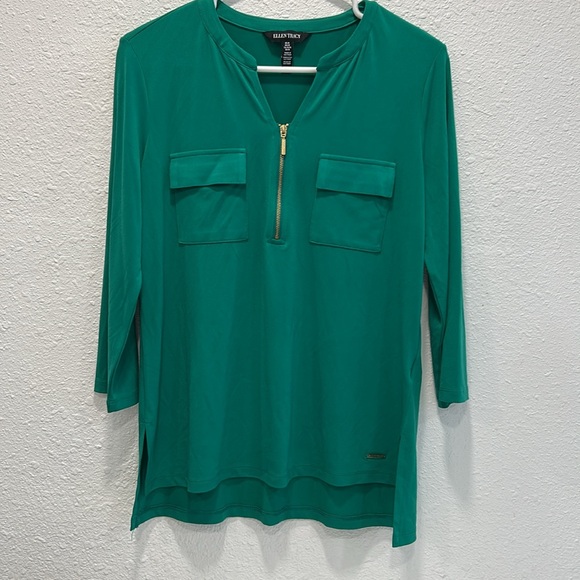 Ellen Tracy green gold zipper 3/4th sleeve blouse top for women - Picture 2 of 9